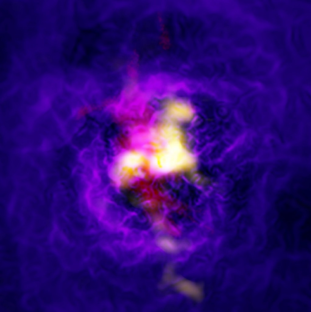 Galaktikų spiečiaus Abell 2597 centrinė galaktika submilimetriniuose (geltona), regimuosiuose (raudona) ir rentgeno (violetinė/mėlyna) spinduliuose. Šaltinis: ALMA (ESO/NAOJ/NRAO), Tremblay et al.; NRAO/AUI/NSF, B. Saxton; NASA/Chandra; ESO/VLT