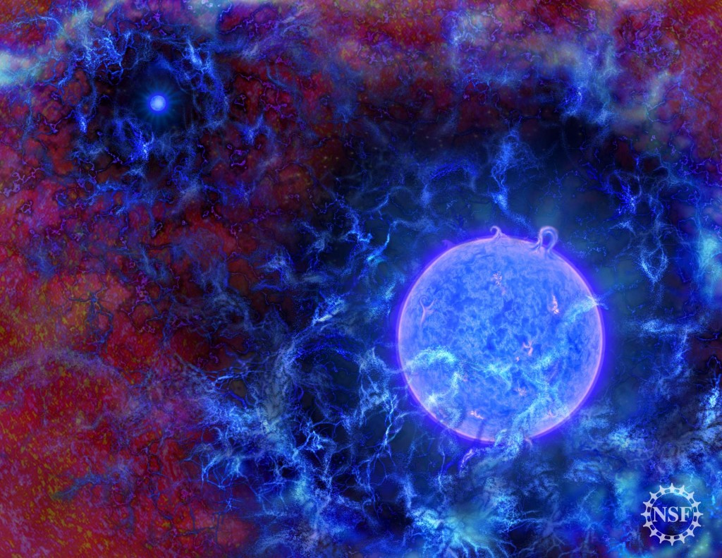 Pirmųjų žvaigždžių ir jų šildomų aplinkinių dujų vizualizacija. Šaltinis: N.R. Fuller, National Science Foundation.