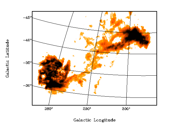 Dar 1998 metais daryta dujų pasiskirstymo Magelano debesyse nuotrauka, atskleidžianti Tiltą, jungiantį abi galaktikas. Šaltinis: Putman et al. (1998), Nature